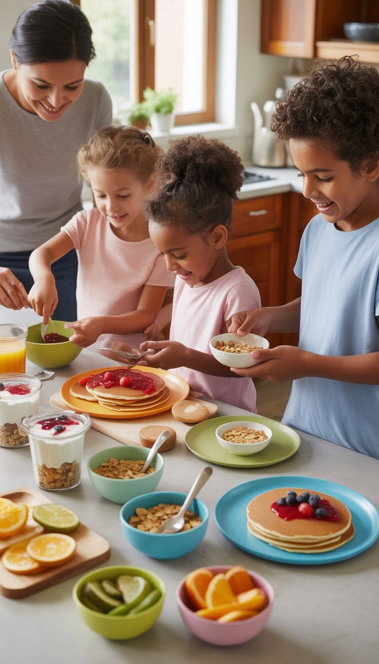 A family with children preparing and enjoying a variety of colorful breakfast foods together in a bright kitchen.