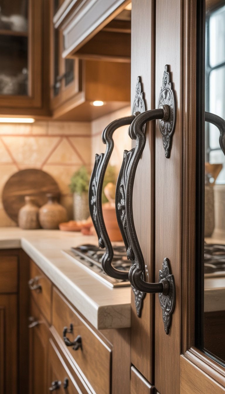 Close-up of decorative wrought iron cabinet handles on wooden kitchen cabinets in a warm kitchen setting.