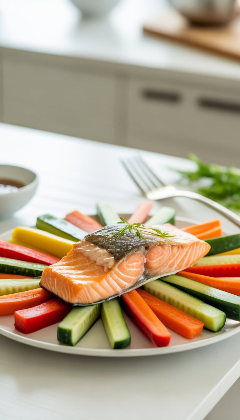 A plate with a cooked salmon fillet and colorful vegetable sticks arranged neatly on a table.