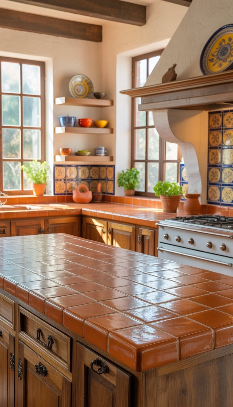A bright kitchen with terracotta countertops, wooden cabinets, ceramic tile backsplash, and potted herbs on the counter.