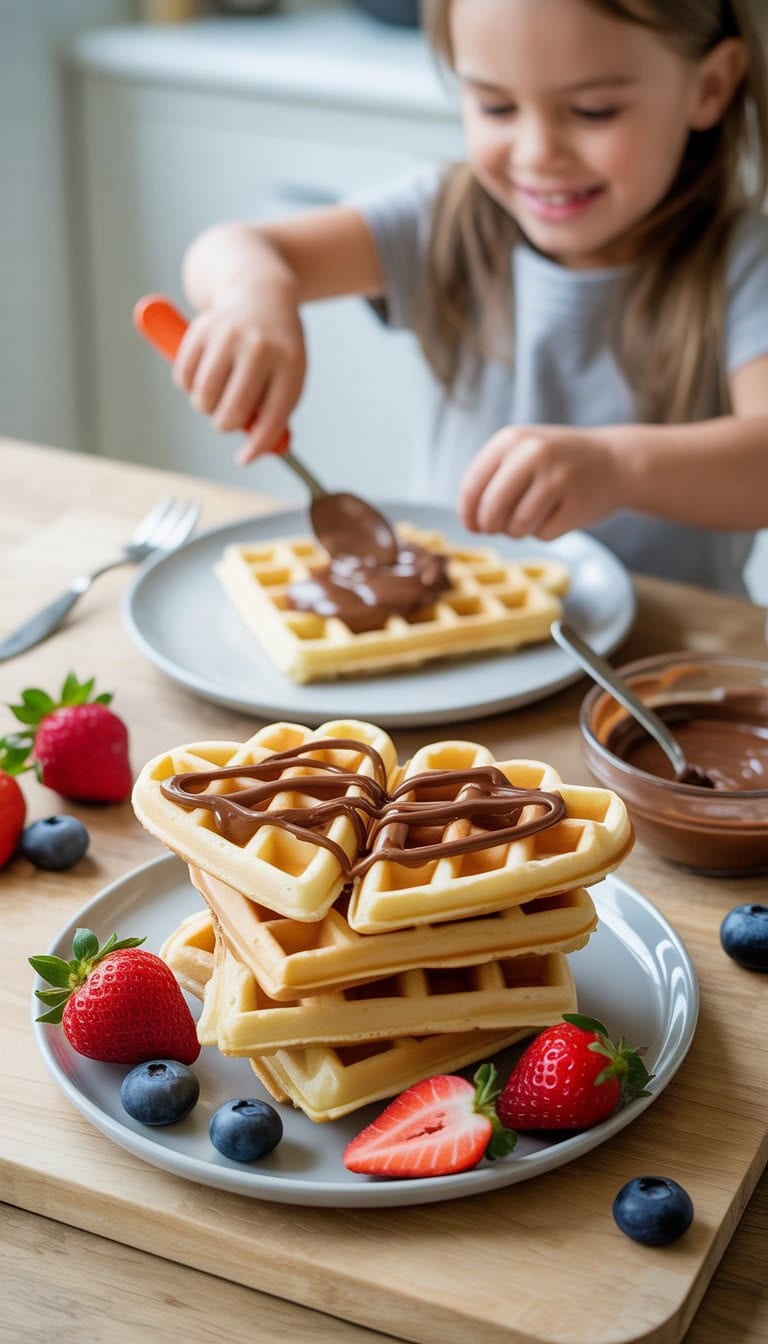 Heart-shaped waffles topped with Nutella and fresh berries on a plate, with a child's hands spreading Nutella in a bright kitchen.