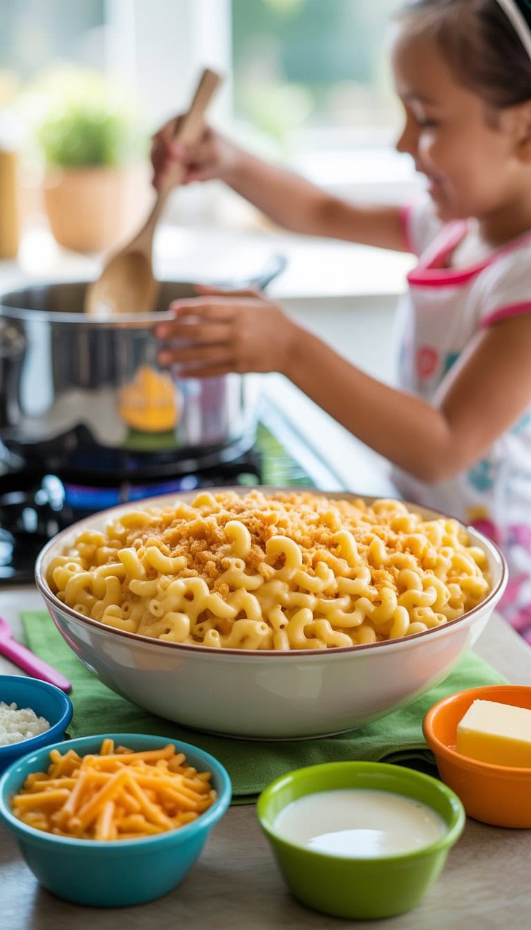 A bowl of creamy macaroni and cheese on a kitchen counter with a child's hands stirring a pot in the background.