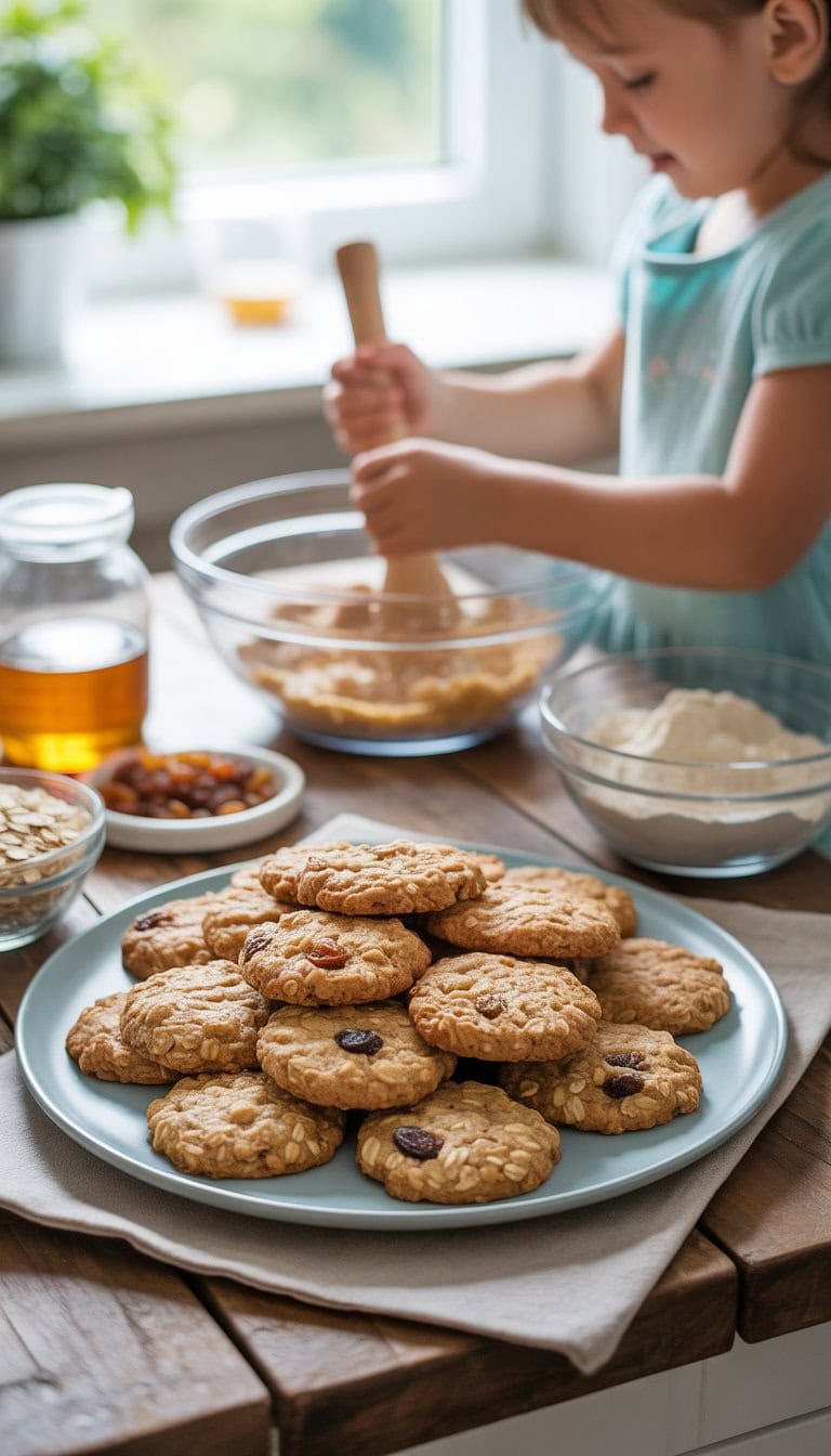 A plate of freshly baked oatmeal raisin cookies on a wooden table with baking ingredients and a child's hands mixing dough in the background.