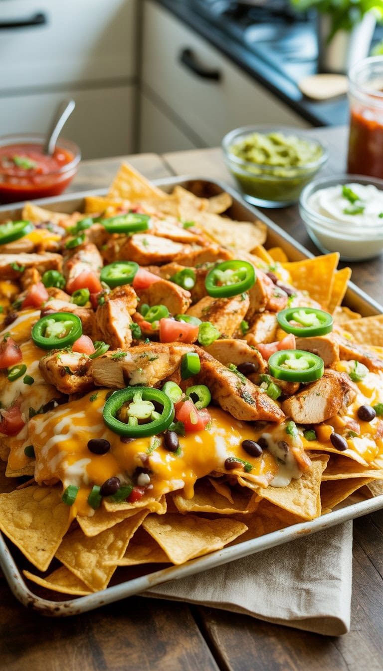 A sheet pan filled with chicken nachos topped with cheese, beans, tomatoes, jalapeños, and green onions on a wooden table with bowls of salsa, guacamole, and sour cream nearby.