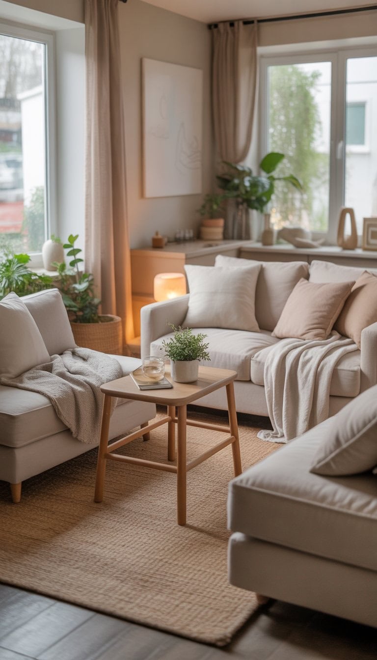 A small living room with a sofa, coffee table, plants, and large windows letting in natural light.