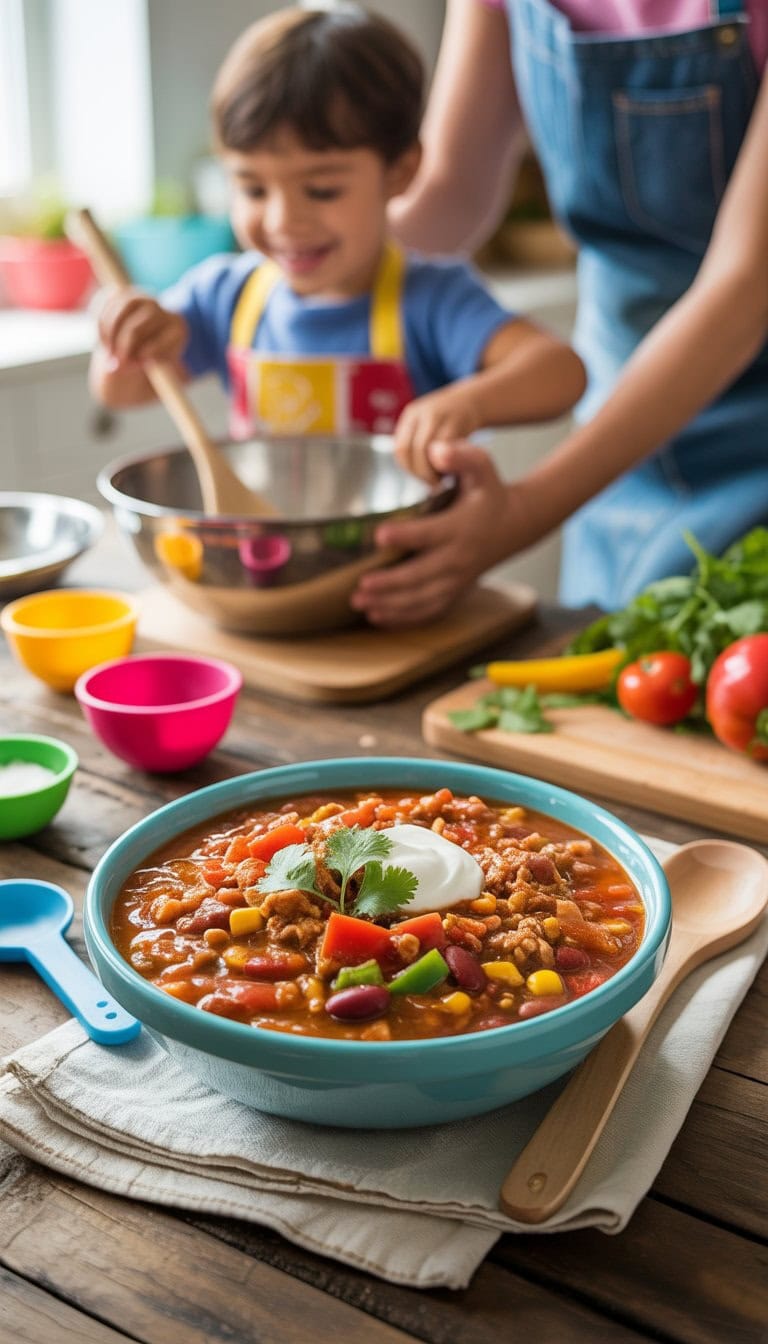 A child and parent cooking turkey chili together in a bright kitchen, with a bowl of colorful turkey chili on the table surrounded by fresh ingredients and cooking utensils.