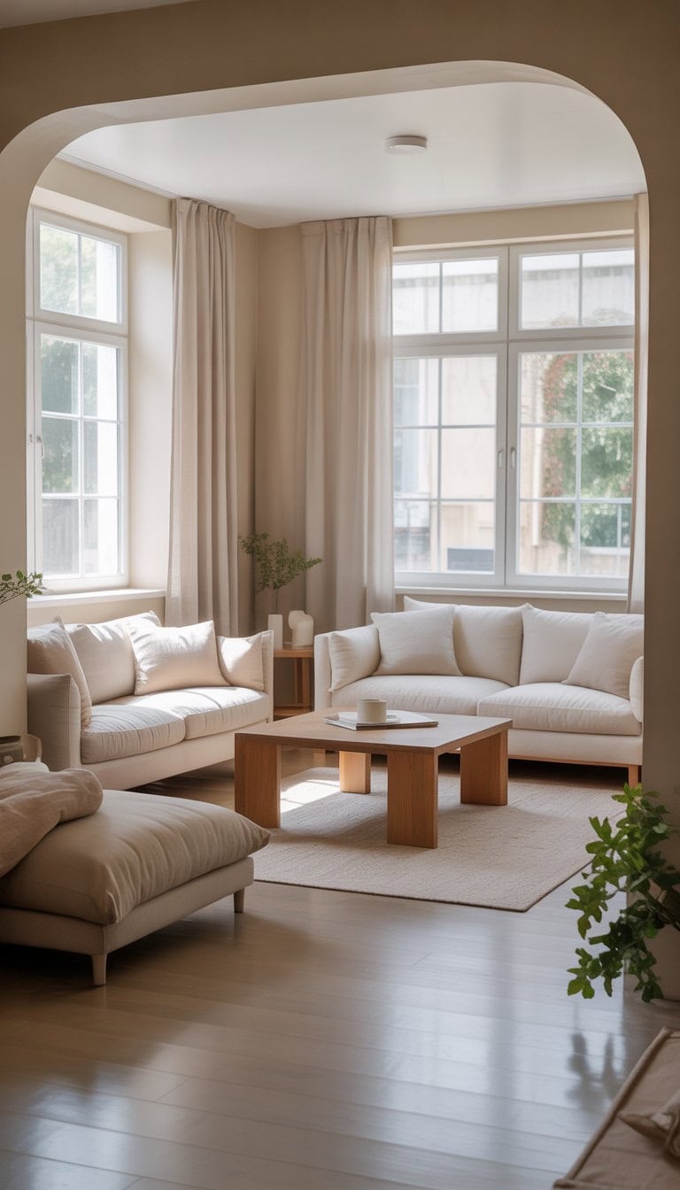 A small living room with light-colored walls and furniture, a sofa, coffee table, plants, and natural light coming through large windows.