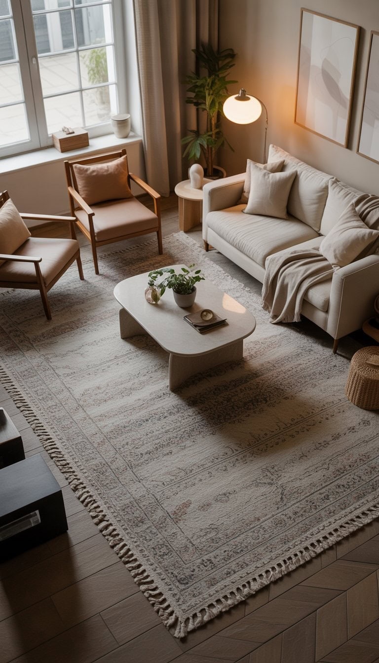 A small living room with a sofa, armchairs, coffee table, and a large area rug defining the seating area.