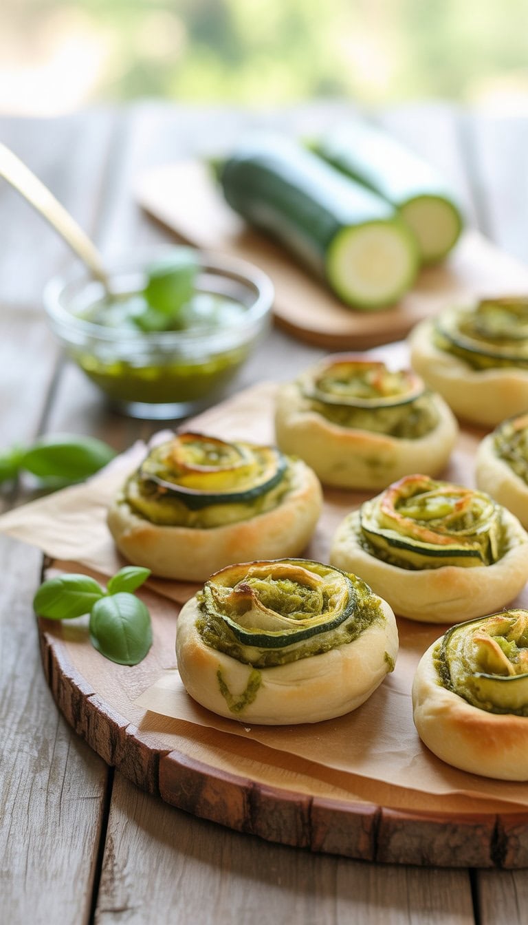 Freshly baked zucchini pesto pizza rolls on a wooden board with pesto sauce and zucchini slices nearby.