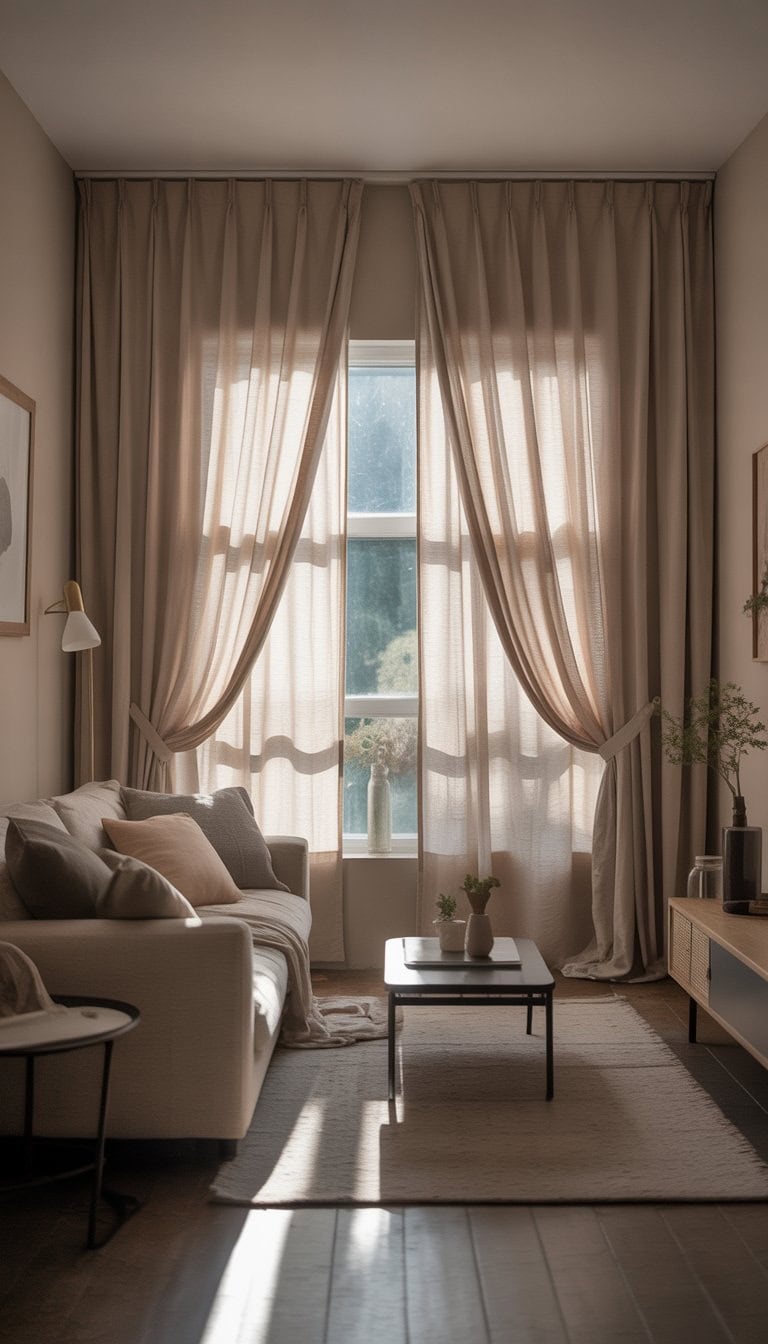 Small living room with wide, light curtains, a sofa, coffee table, and natural light creating a cozy and spacious atmosphere.