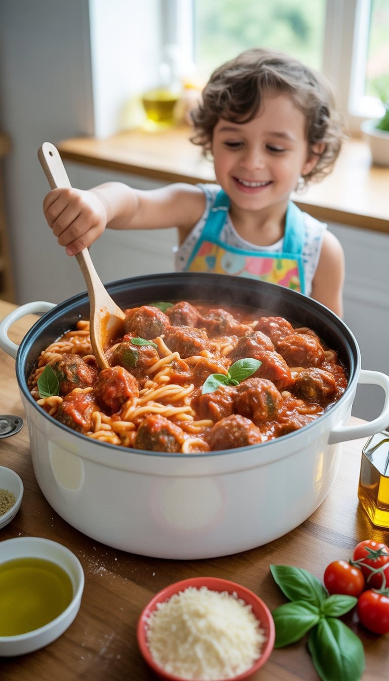 A child in a kitchen reaching with a wooden spoon towards a pot of steaming meatballs and pasta surrounded by fresh ingredients.