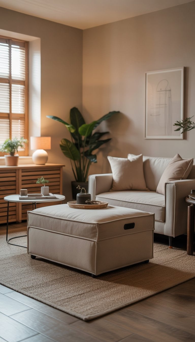 A small living room with a storage ottoman, sofa, coffee table, plants, and natural light.