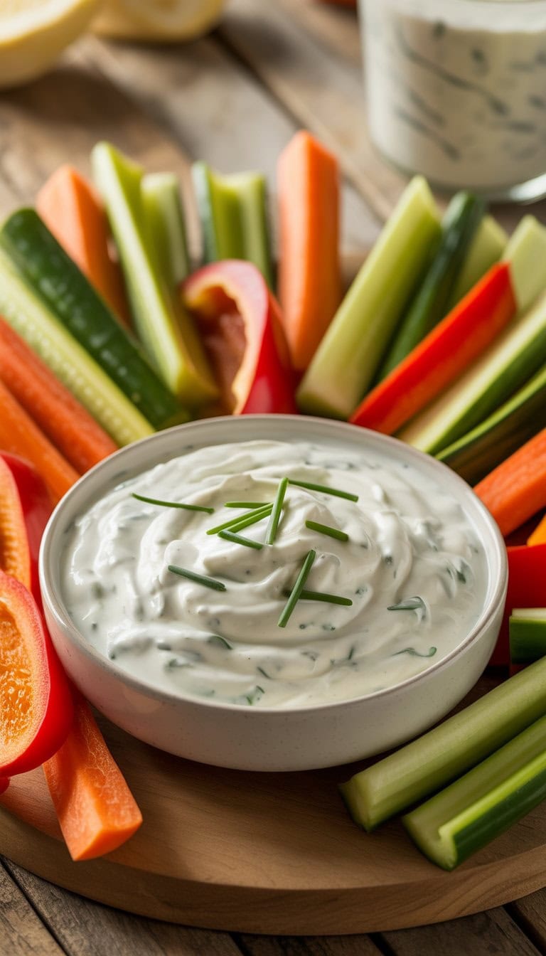 A bowl of sour cream and chive dip surrounded by fresh colorful vegetable sticks on a wooden table.