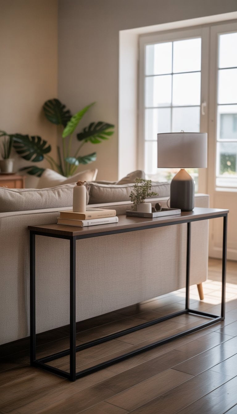 A small living room with a slim console table placed behind a sofa, decorated with plants and books, with natural light coming through a window.