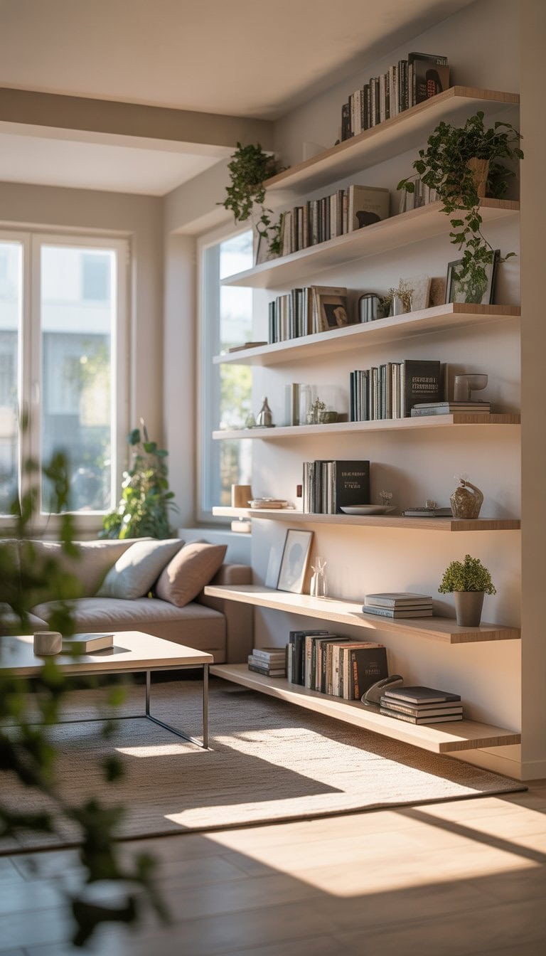 A small living room with floating shelves holding books and plants, a sofa, coffee table, and natural light coming through windows.