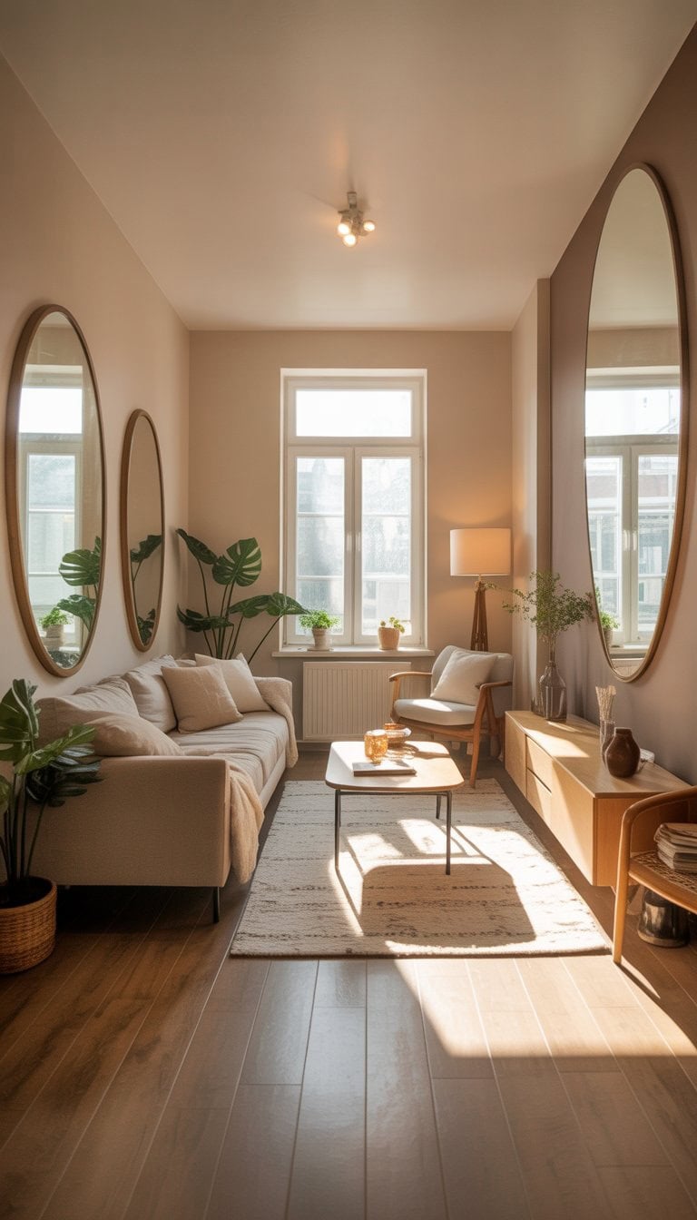 A small living room with a sofa, coffee table, large windows, and mirrors reflecting light to make the space feel bright and open.
