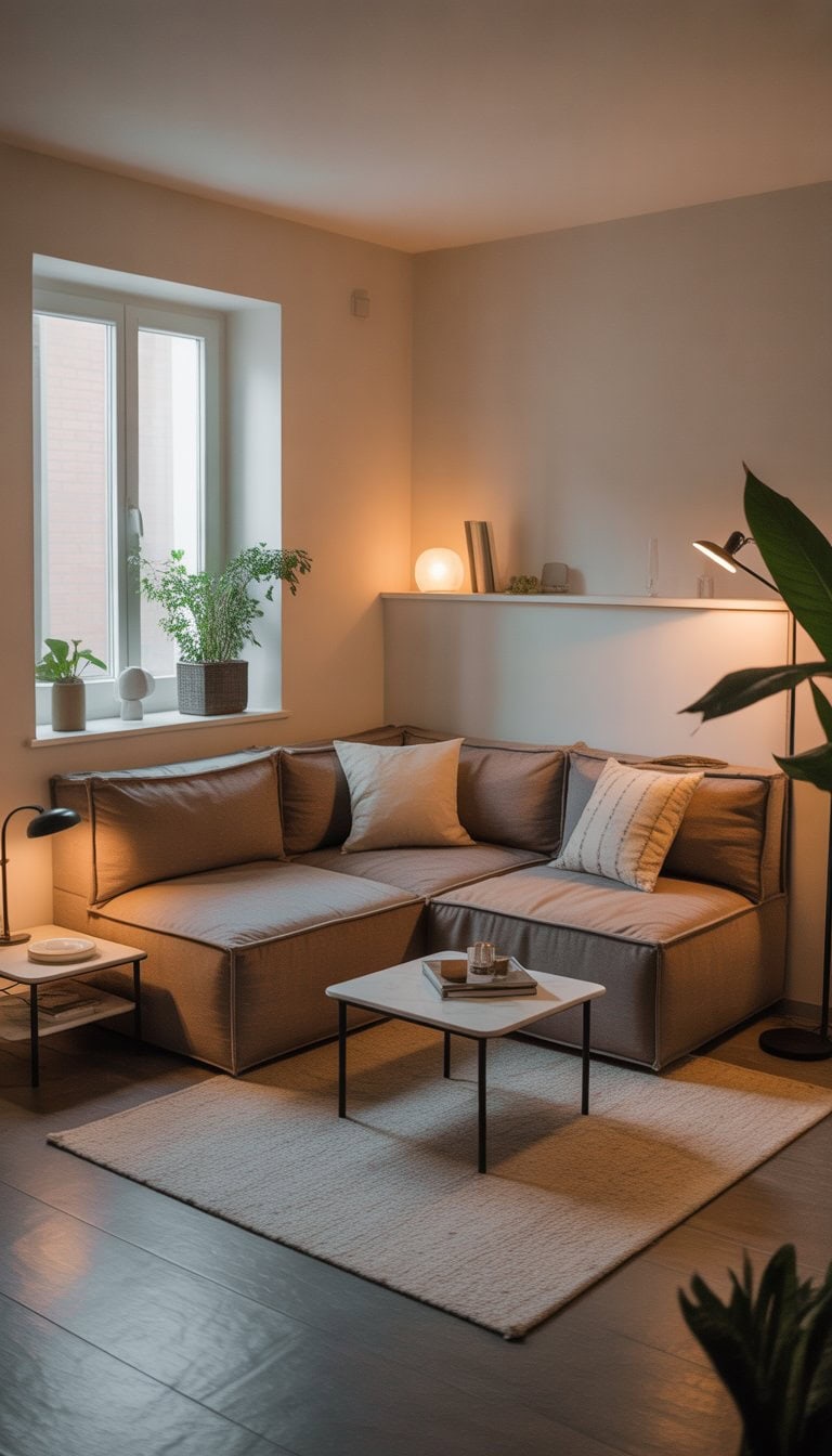 A small living room with a compact L-shaped sectional sofa, a coffee table, floor lamp, plants, and natural light coming through a window.