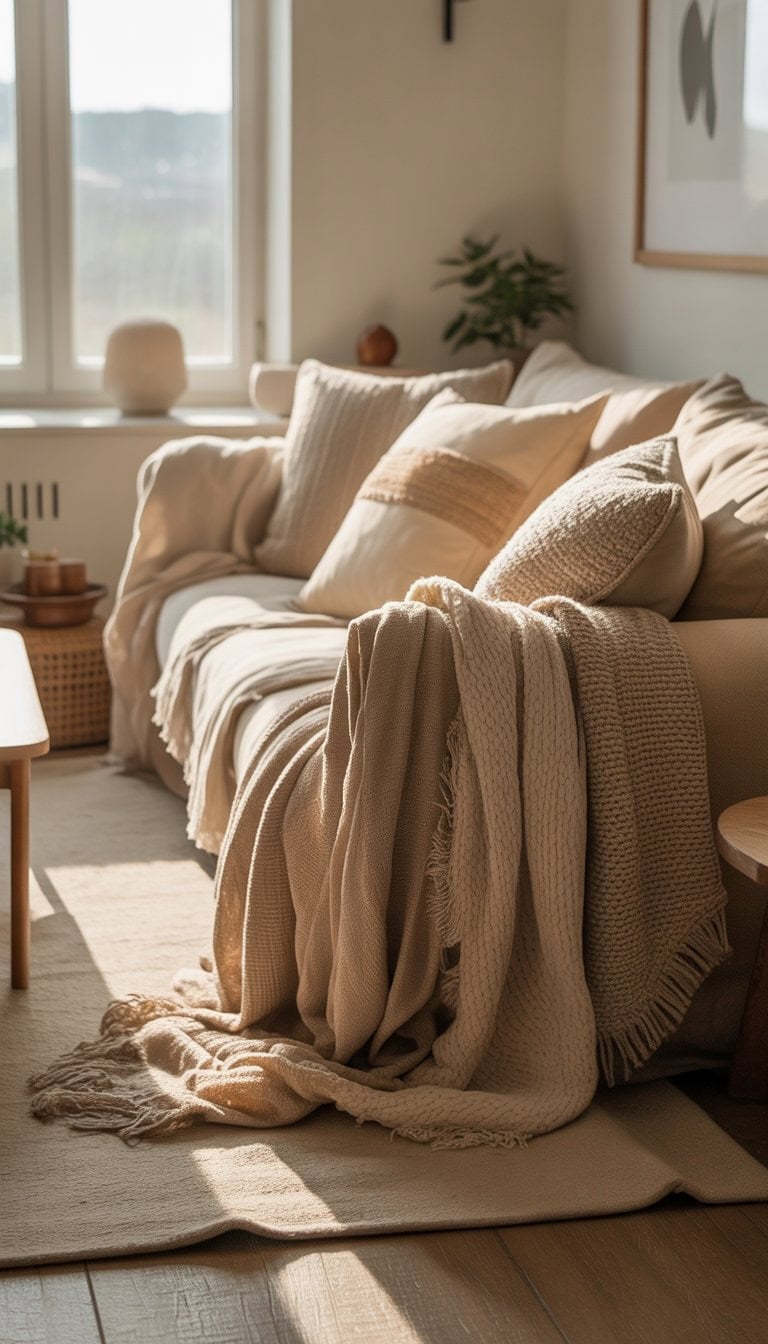 A small living room with a sofa covered in cushions and a throw, wooden floor, a coffee table, and natural light coming through a window.