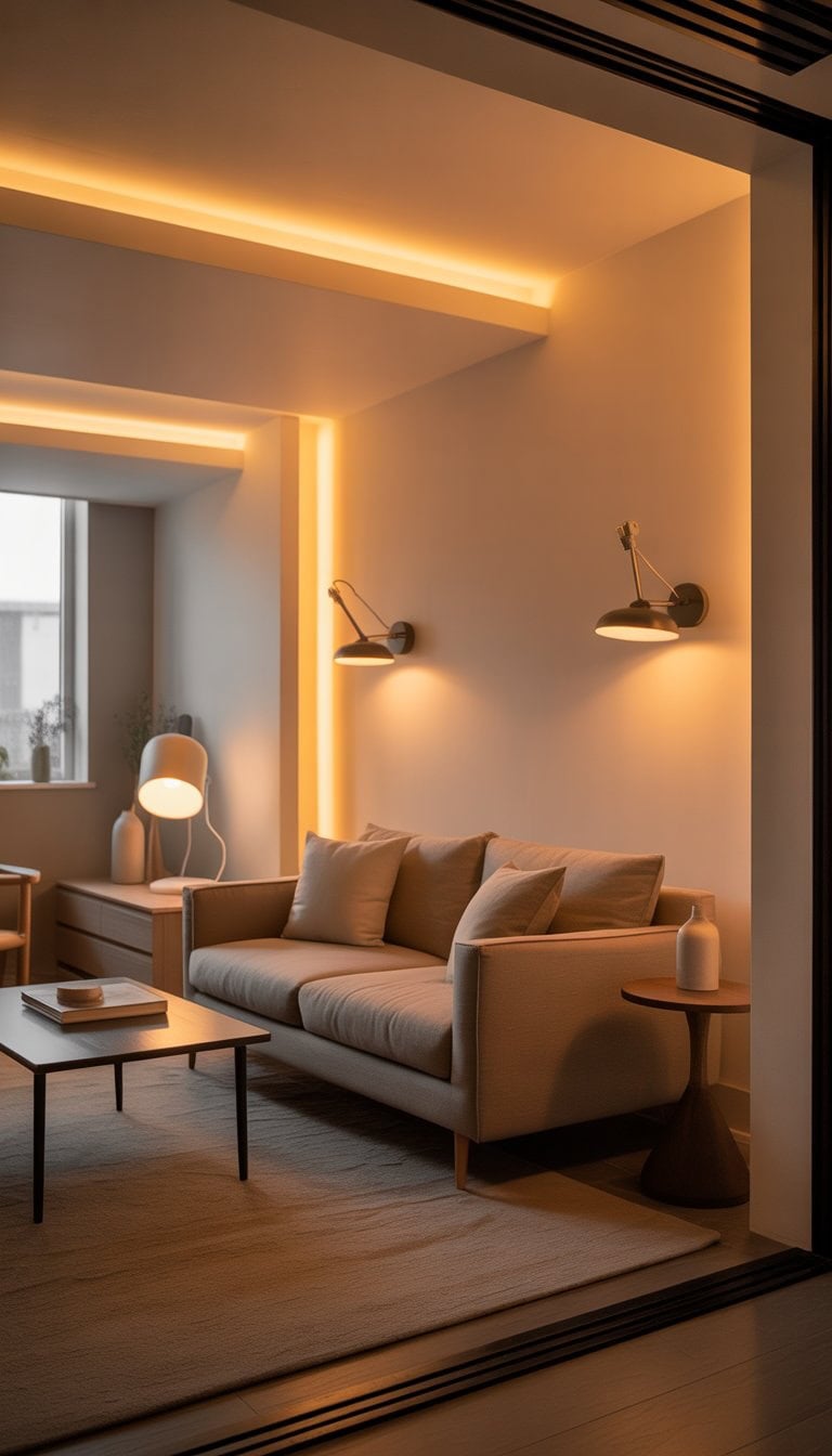 Small living room with recessed ceiling lights and wall-mounted lamps illuminating a compact sofa and coffee table in a tidy, open space.