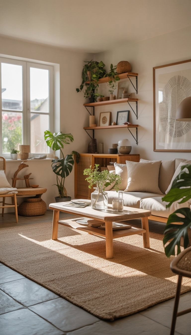 A small living room with a jute rug, wooden furniture, a sofa, plants, and natural light creating a cozy and spacious atmosphere.