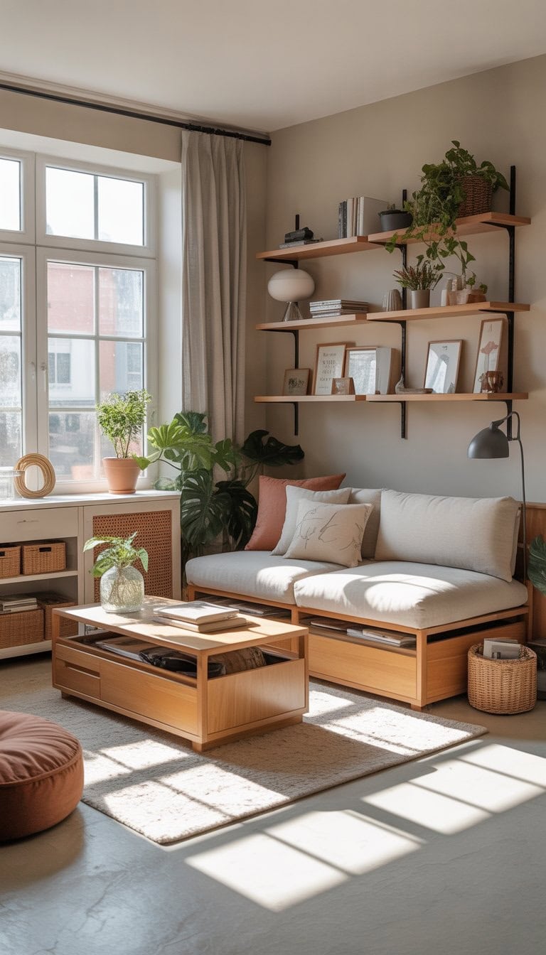 A small living room with a sofa, coffee table, wall shelves, and plants, designed to be cozy and spacious with hidden storage.