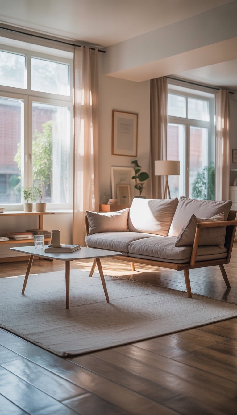 A small living room with furniture that has exposed legs, natural light, wooden floor, and plants creating an open and cozy space.