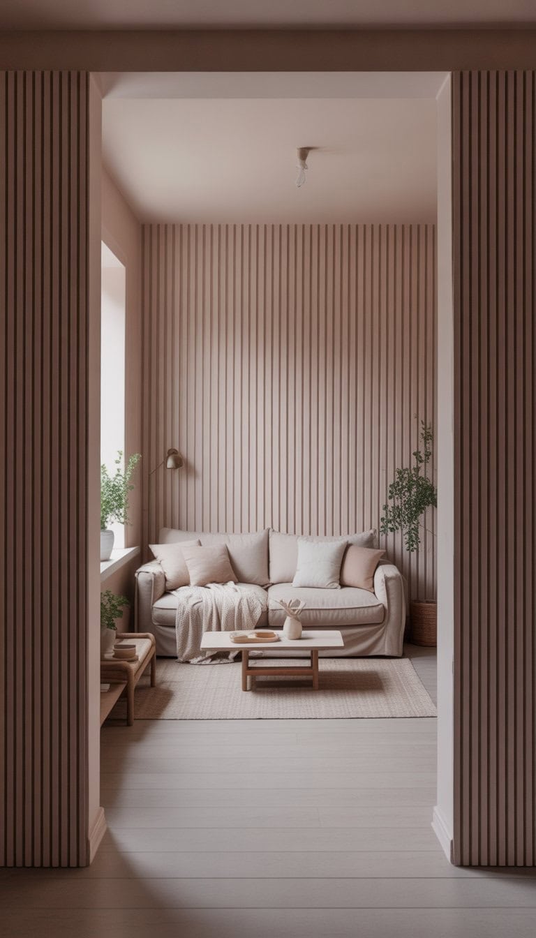 A small living room with vertical striped wallpaper, a sofa, coffee table, plants, and natural light creating a cozy and spacious atmosphere.