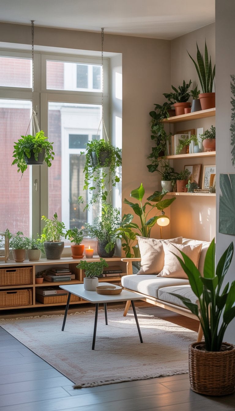 A small living room with natural light, featuring a sofa, coffee table, and several small potted plants and hanging planters adding greenery and freshness.