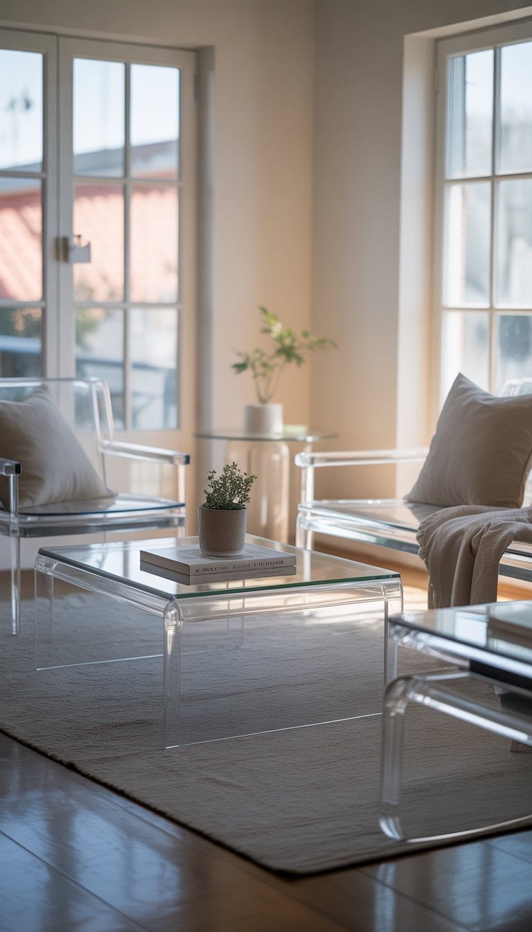 A small living room with glass and acrylic furniture, natural light, a potted plant, and cozy seating.