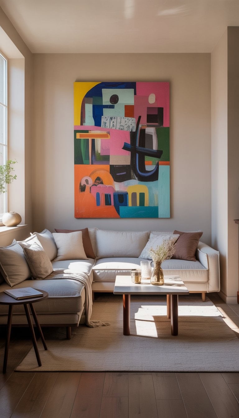 A small living room with a comfortable sofa, a bold colorful artwork on the wall, a coffee table, and natural light coming through a window.