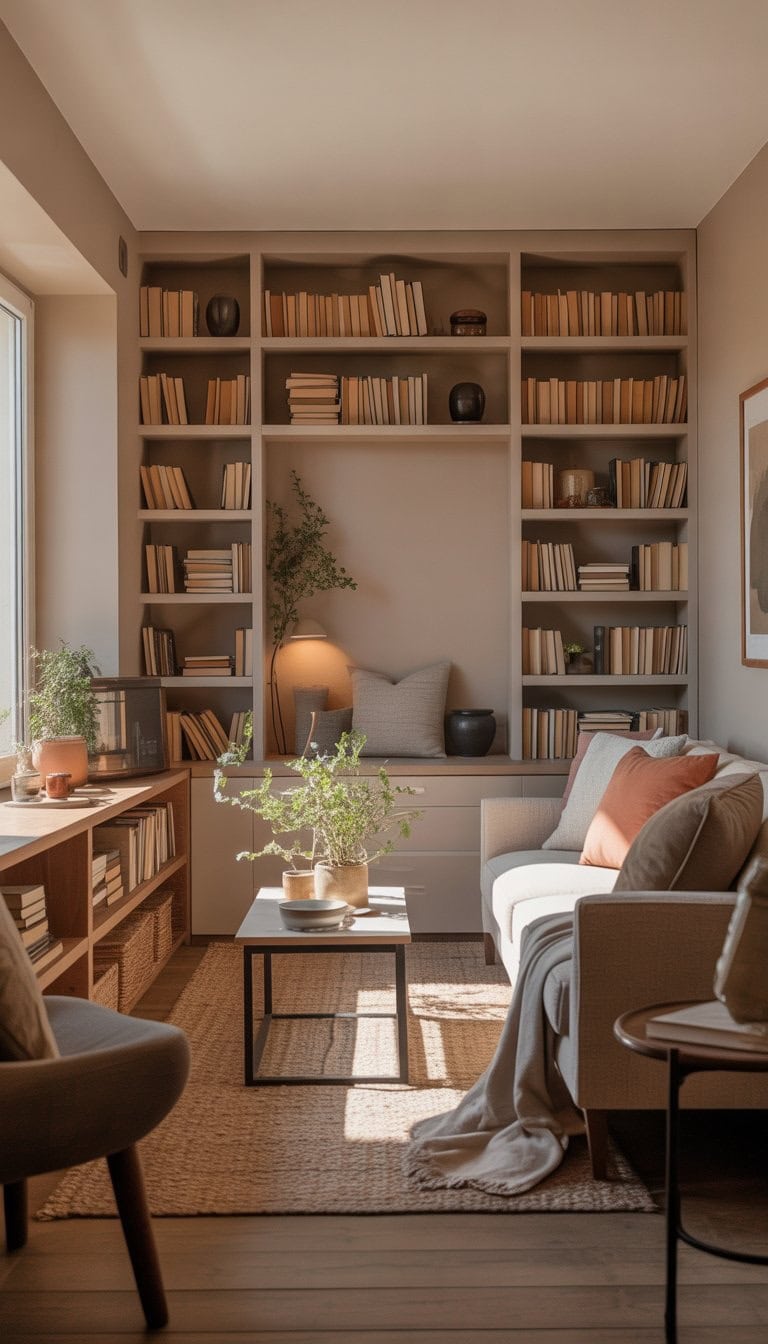 Small living room with built-in bookshelves, sofa, coffee table, and natural light.