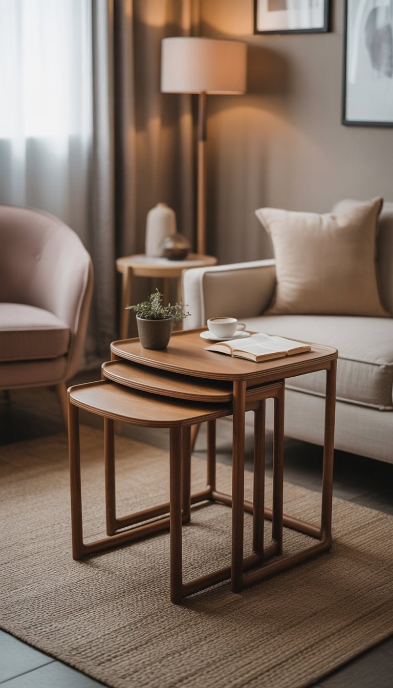 A small living room with nesting tables next to a sofa, a chair, a rug, and soft natural light coming through a window.