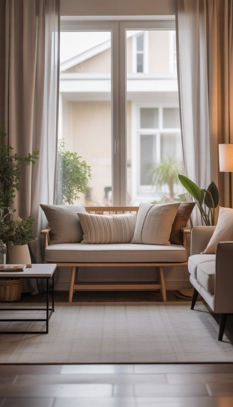 A small living room with a slim bench by a large window, soft cushions on the bench, a compact sofa, coffee table, and plants, bathed in natural light.
