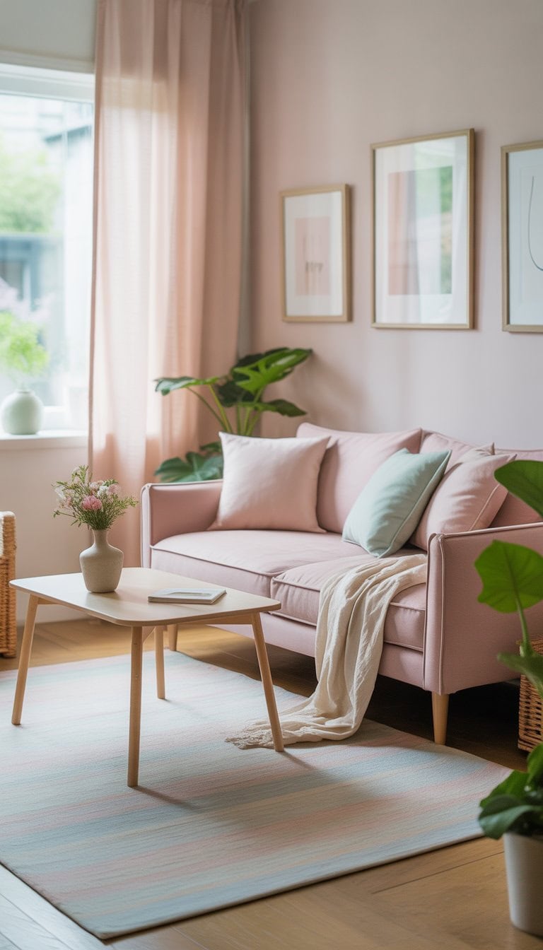 A small living room with a sofa, coffee table, plants, and soft natural light creating a cozy and spacious atmosphere.