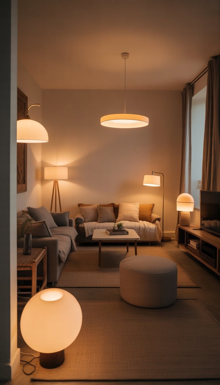 A small living room with soft lighting from floor and table lamps, a sofa, and a coffee table creating a cozy and spacious atmosphere.
