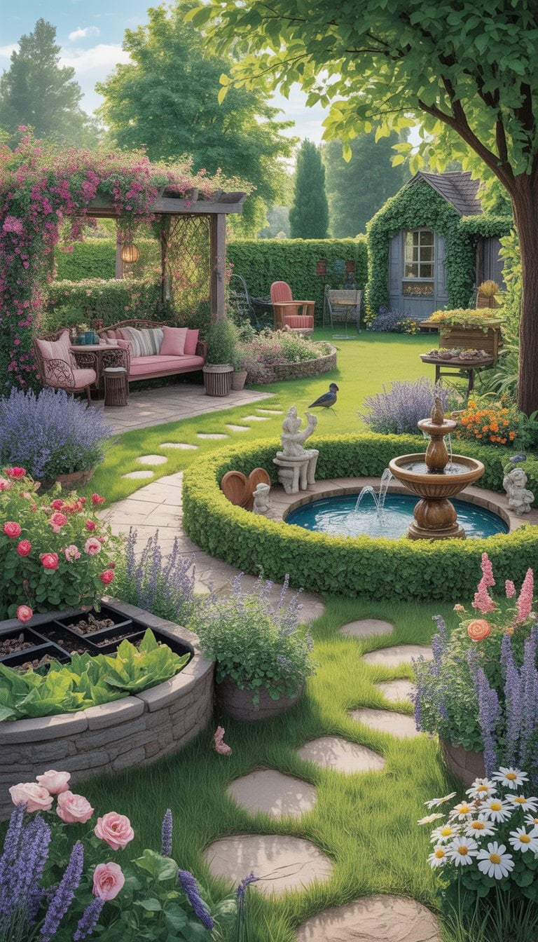 A peaceful garden with stone paths, colorful flowers, wooden benches, a small fountain, climbing vines, and tall trees providing shade.