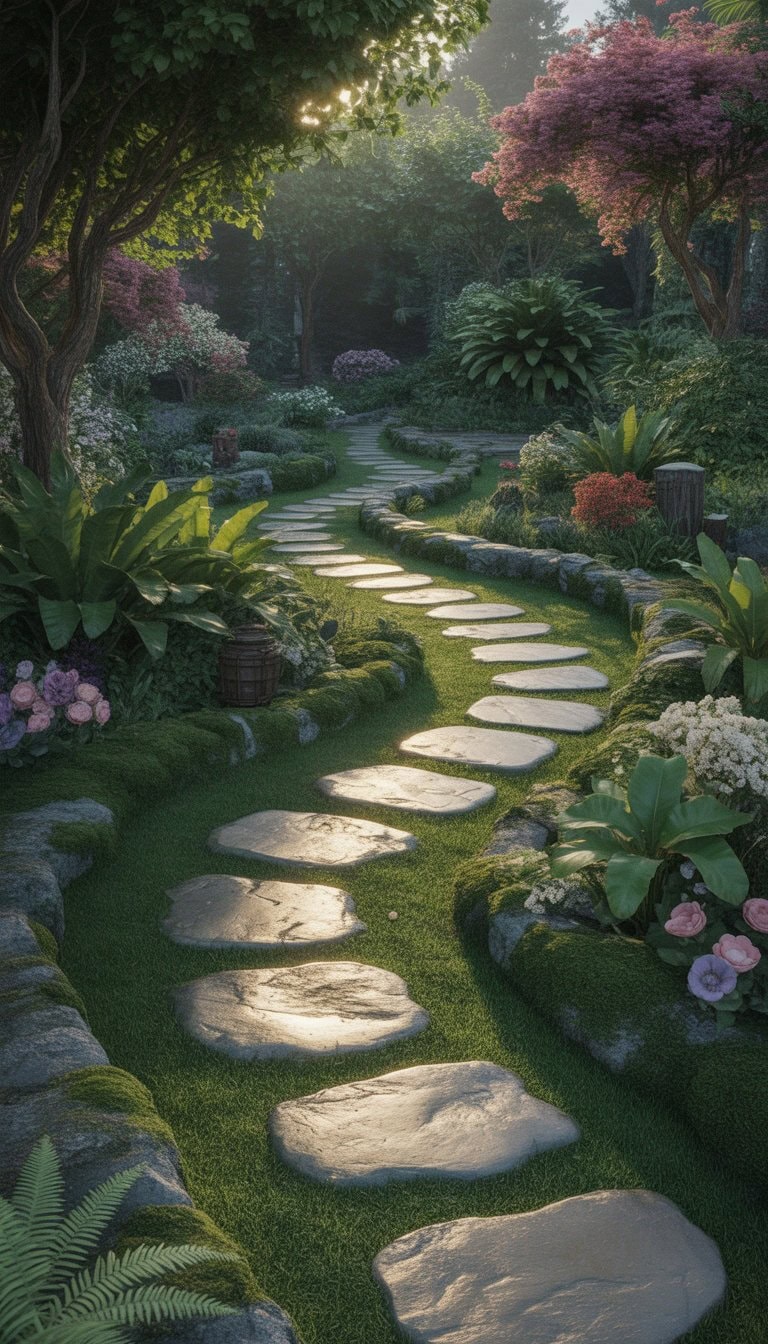 A winding stone path curves through a lush garden filled with trees, flowers, and greenery.