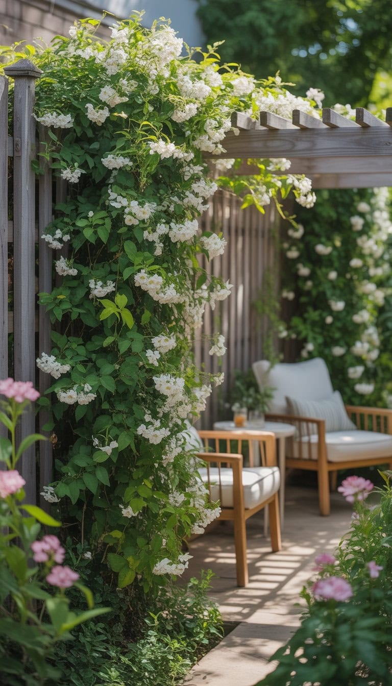 A secret garden with tall jasmine vines climbing a wooden fence, white flowers blooming, and a cozy seating area surrounded by lush greenery.