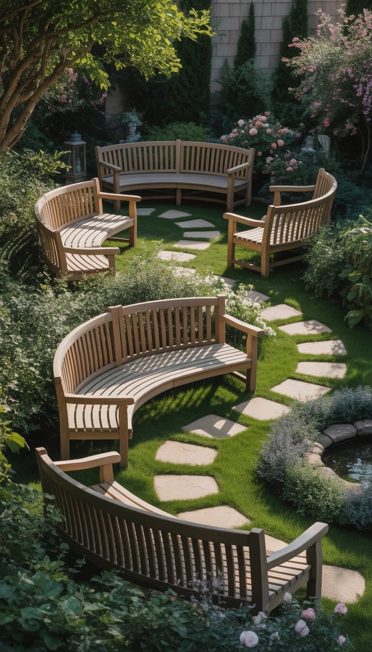 A peaceful garden with curved wooden benches surrounded by green plants and flowers under soft sunlight.