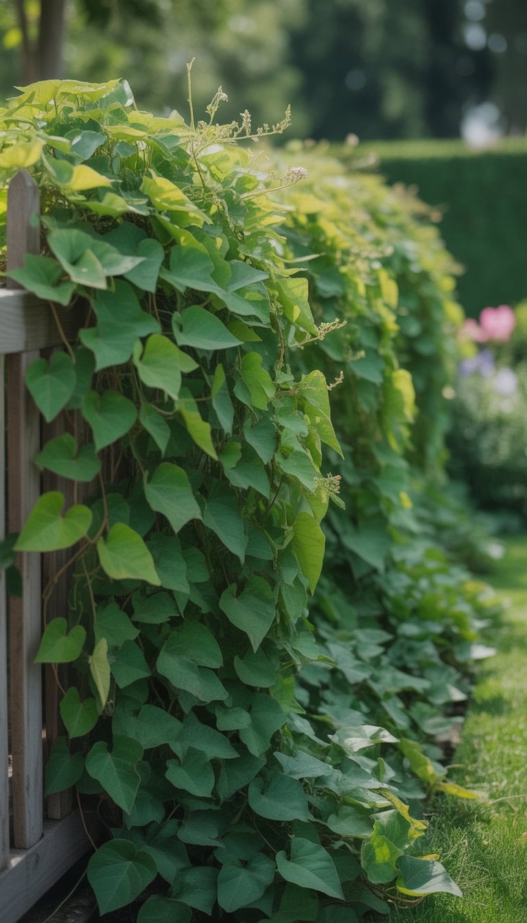 Sweet potato vines growing densely along a wooden garden fence surrounded by greenery.