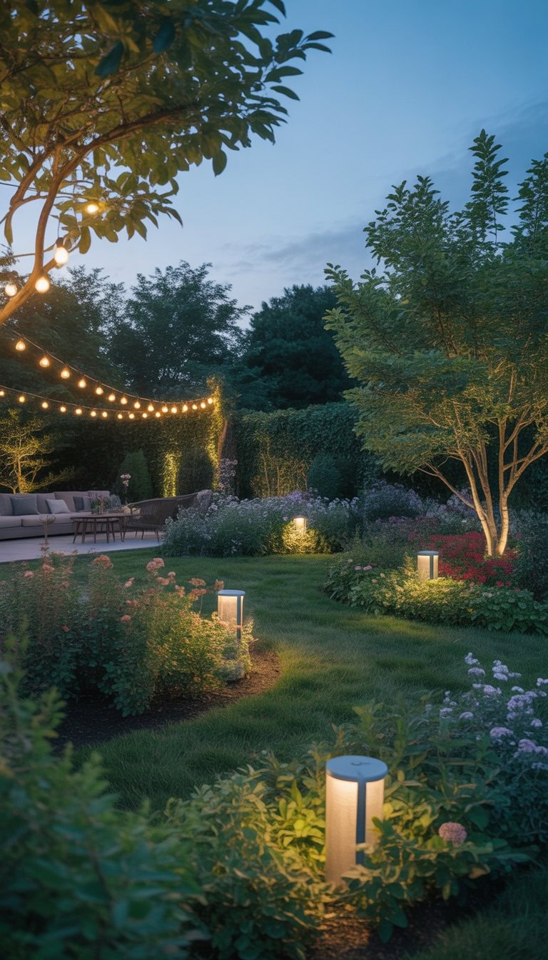 A garden at dusk with soft warm lights illuminating pathways, plants, and flowers, creating a peaceful evening scene.