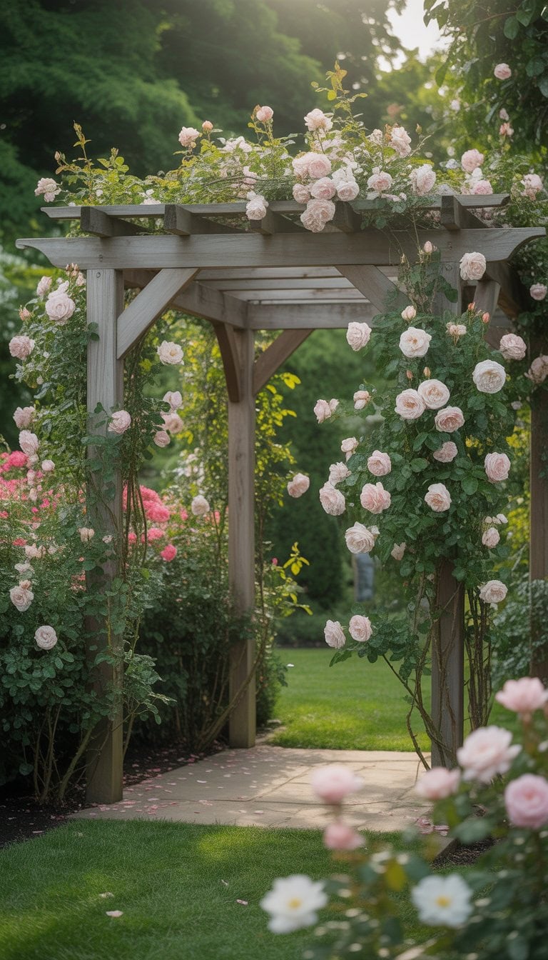 A wooden pergola covered with climbing roses in a quiet garden surrounded by greenery and flowering shrubs.