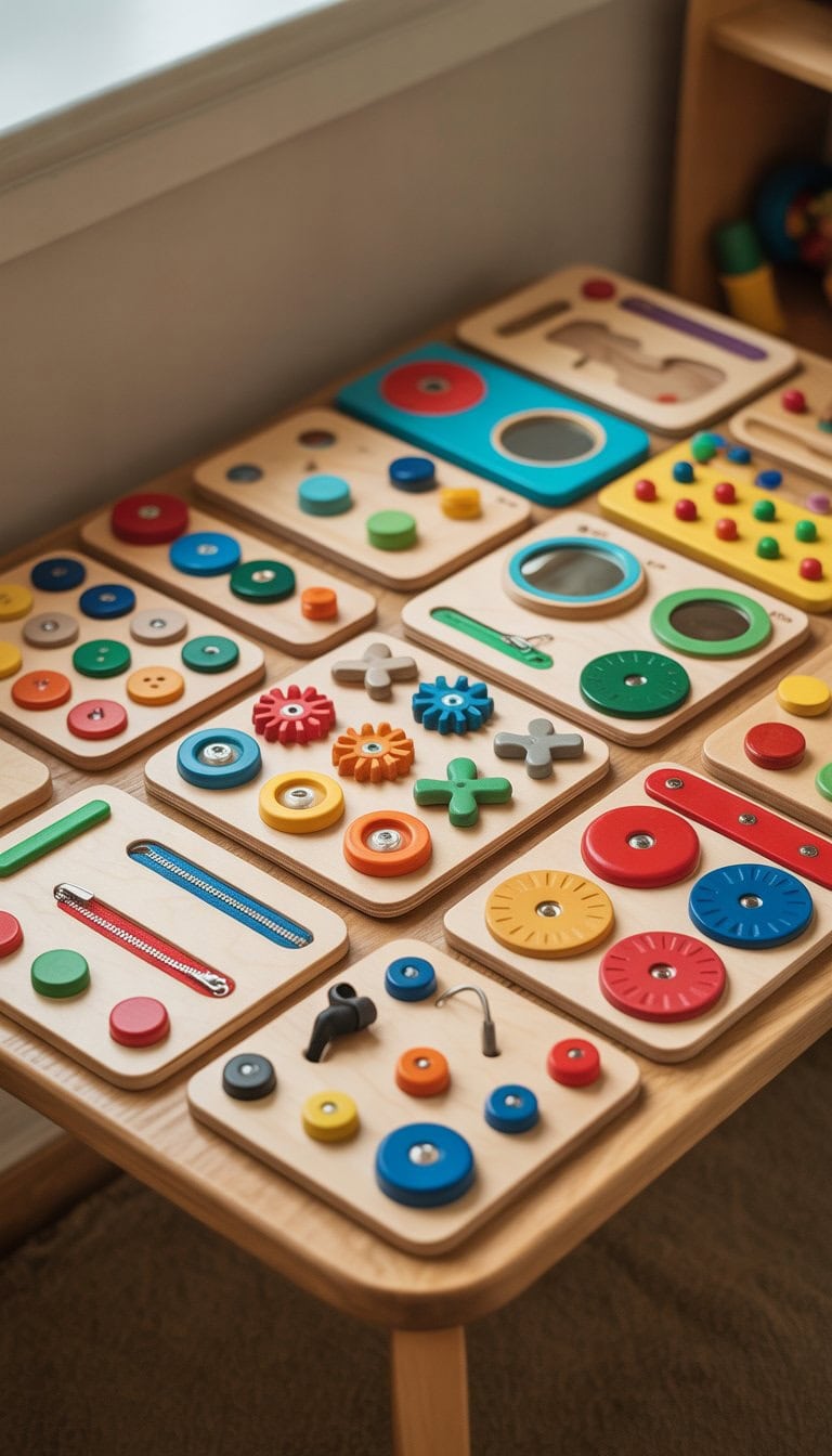 A collection of 23 colorful busy boards with various interactive elements arranged on a wooden table.