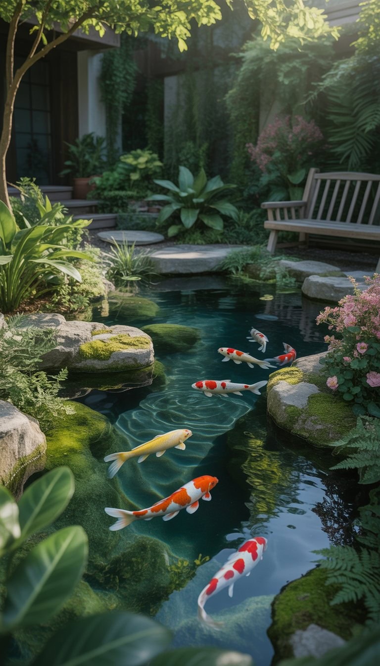 A small koi pond surrounded by lush plants and rocks with colorful fish swimming, sunlight filtering through trees in a peaceful garden.