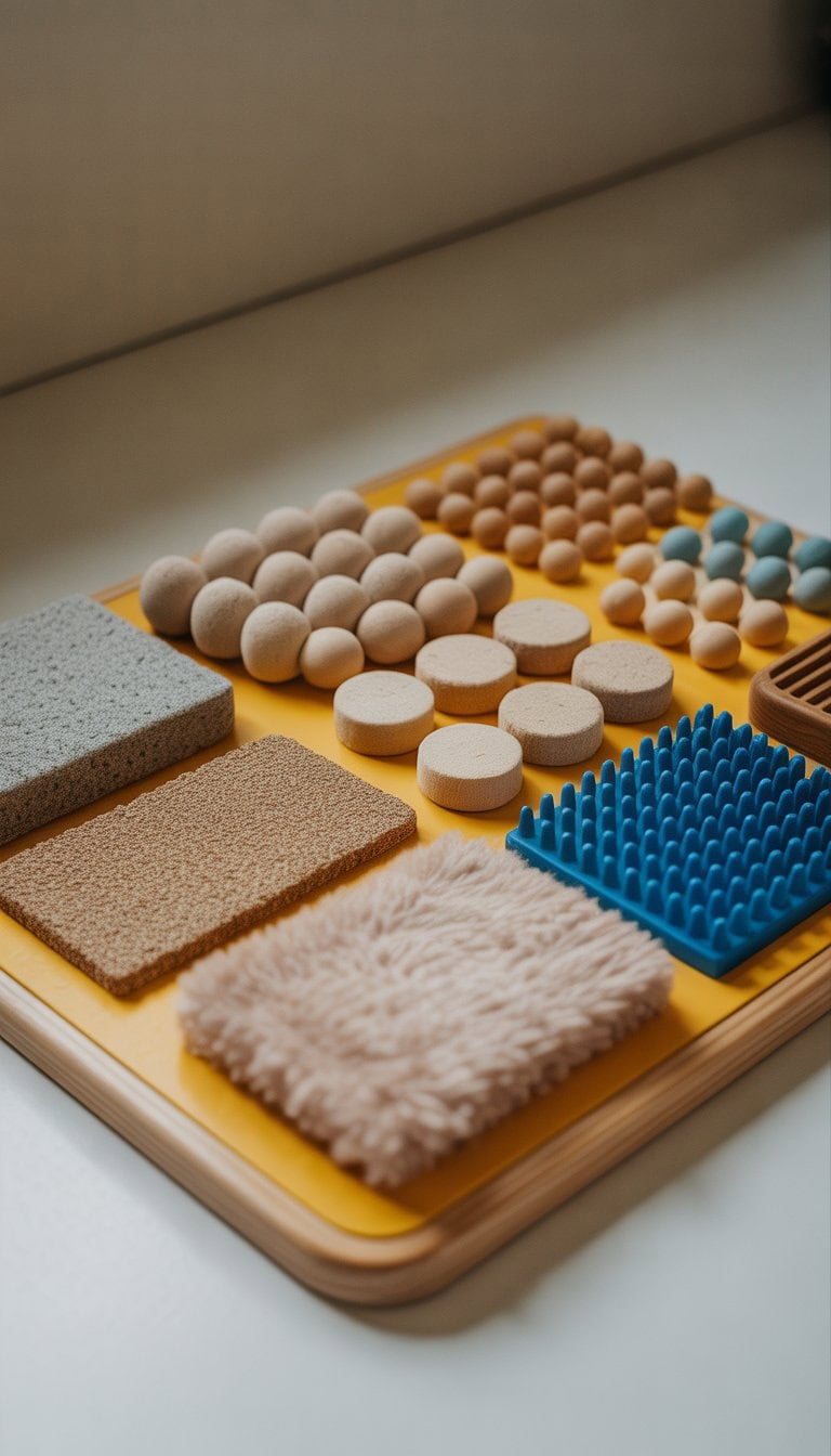 A sensory texture board with sandpaper, fuzzy fabric, and bumpy surfaces arranged on a wooden board.