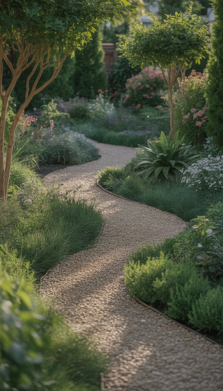 A peaceful garden with winding pea gravel walkways surrounded by green plants and flowers under soft sunlight.
