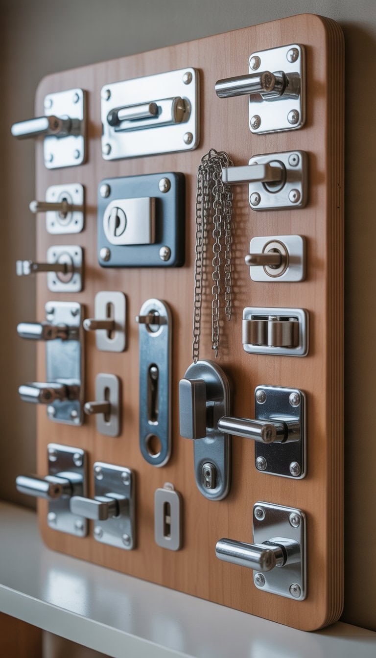 A wooden busy board displaying various cabinet latches and door chain locks arranged neatly.