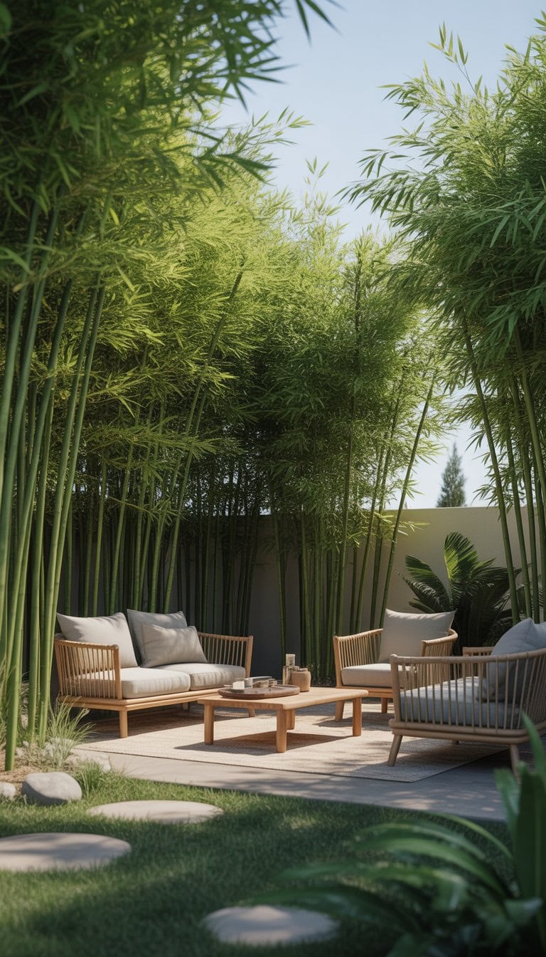 Outdoor seating area surrounded by tall bamboo plants creating a natural privacy screen.