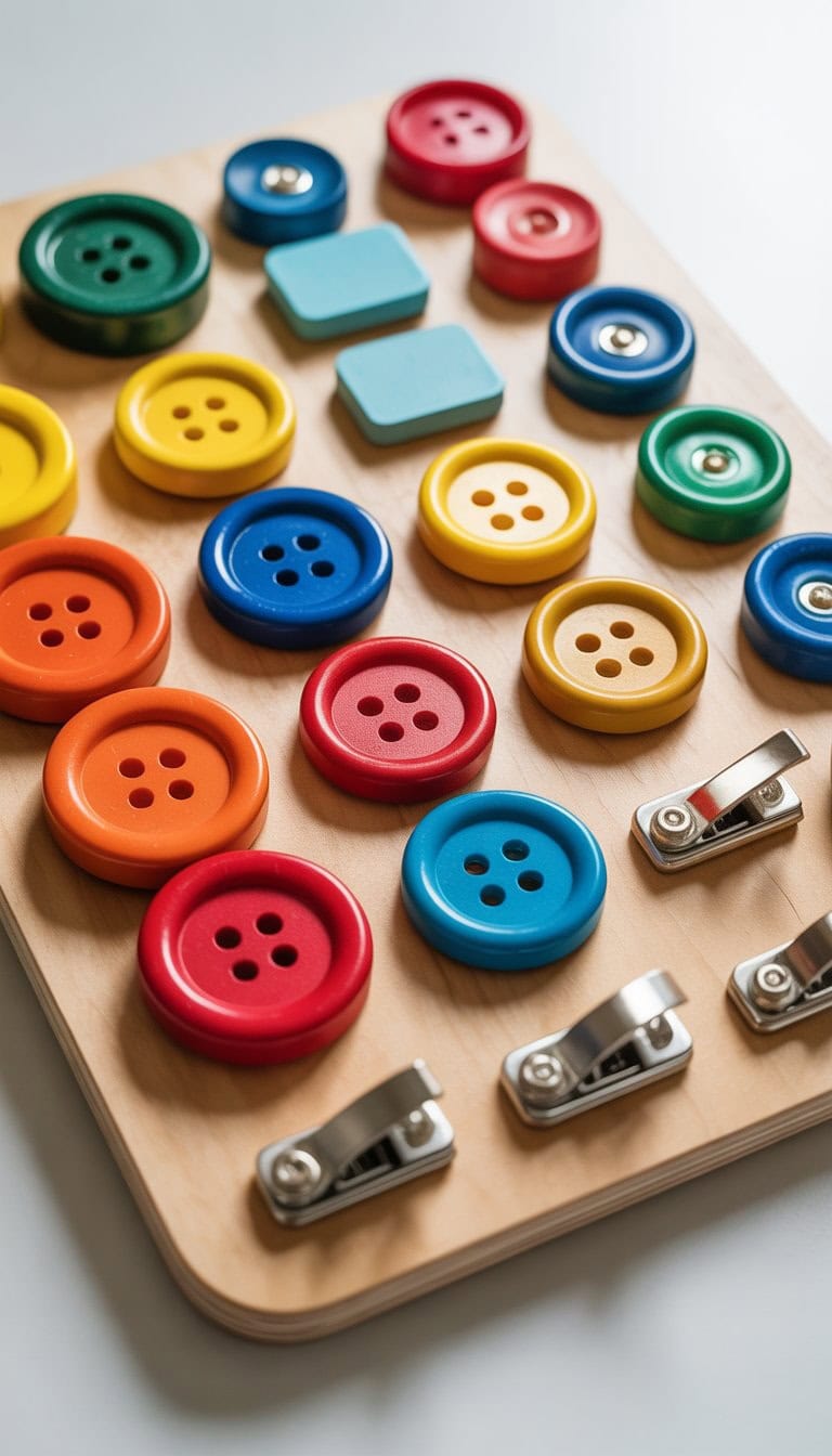 A wooden busy board with large colorful buttons and snap fasteners arranged for toddlers to explore.