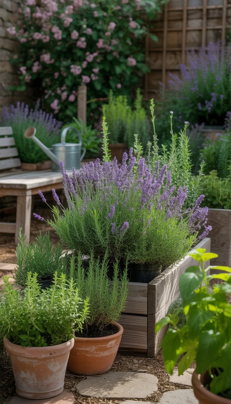 A garden with blooming lavender and various fragrant herbs arranged in wooden beds and pots, with stone paths and a wooden bench.